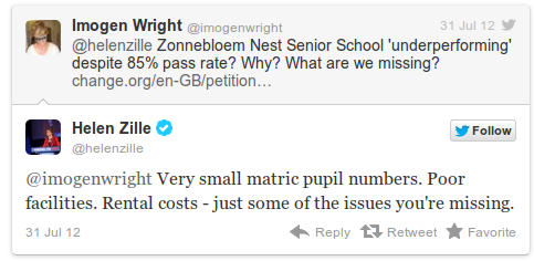 Tweet from Helen Zille's twitter feed