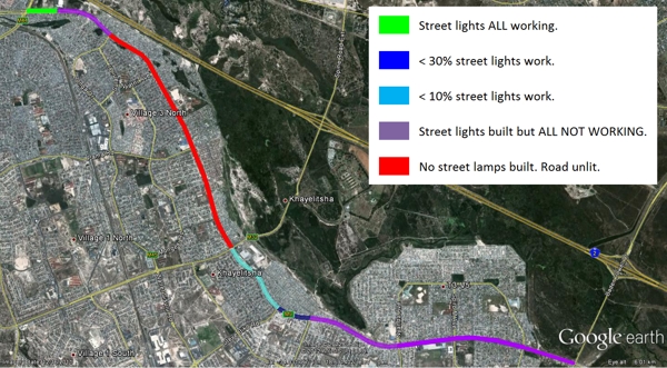 Map showing the state of streetlights in Khayelitsha.