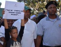 After Anene Booysen's Memorial on Sunday political leaders  and community members marched to the Bredasdorp Police station to hand  over a memorandum calling for a Commission of Inquiry into gender-based violence. Photo by Kate Stegeman.