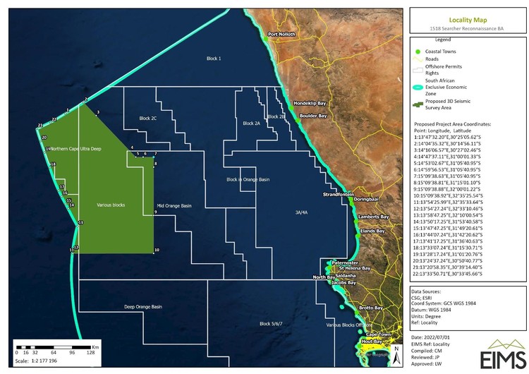 Map of area where seismic surveying will take place off South Africa's West Coast