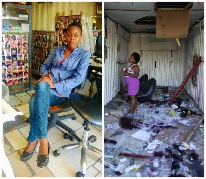 Photo of inside of shop before and after looting