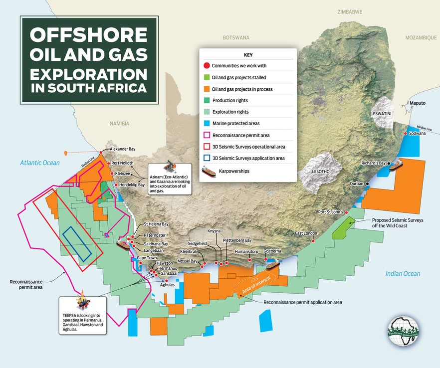 This map shows the oil and gas projects on South Africa’s coast that The Green Connection is concerned about.