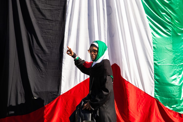 Photo of a woman in front of a large Palestinian flag