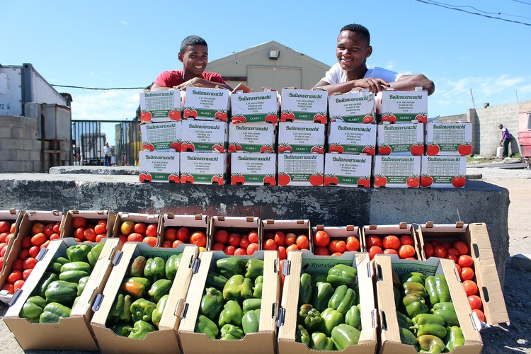 Jason Williams and Dale Groep sell fruit and vegetables.