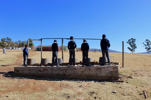 Photo taken from back, of boys urinating