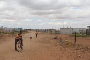 Photo of children and a dog in a dusty street