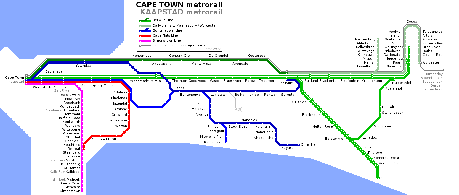 Map of Metrorail lines in Cape Town